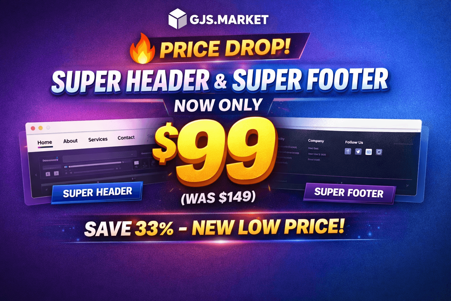 Super Header & Super Footer für GrapesJS — Jetzt nur noch 99 $ für einen