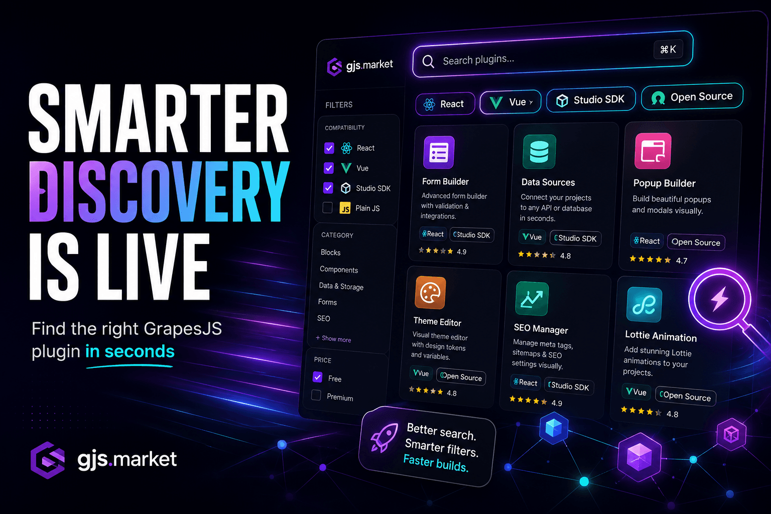 Finden Sie in Sekunden das richtige GrapesJS-Plugin: Smarter Discovery ist live
