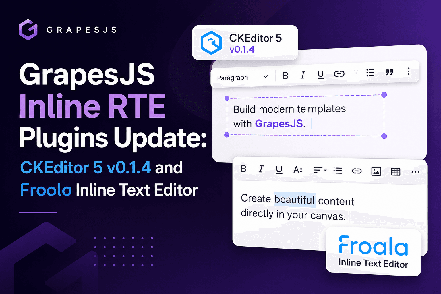 GrapesJS Inline RTE-Plugins Update: CKEditor 5 v0.1.4 und Froala Inline Text Editor