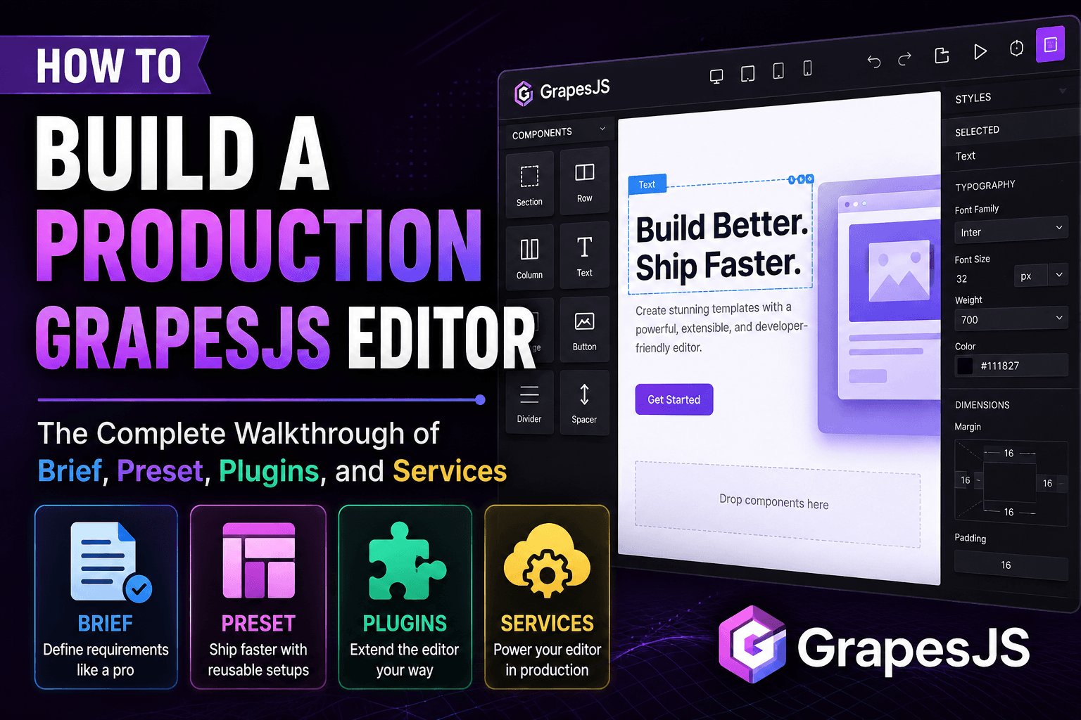 Wie man einen Produktions-GrapesJS-Editor baut: Der vollständige Durchgang von Briefen, Presets, Plugins und Services