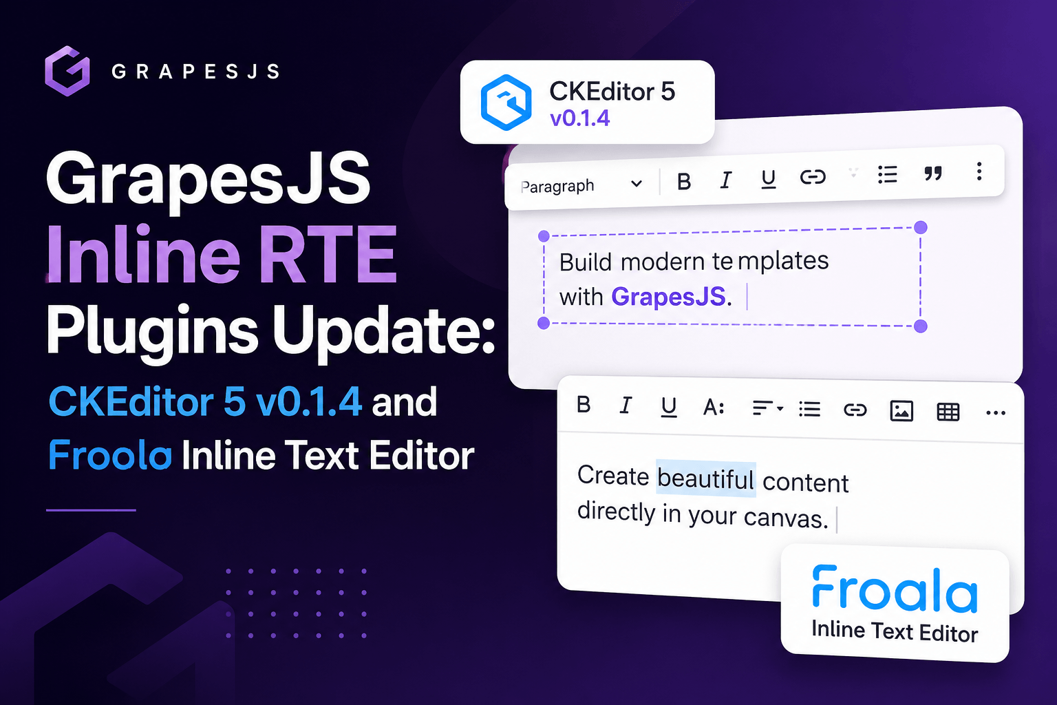 GrapesJS Inline RTE-Plugins Update: CKEditor 5 v0.1.4 und Froala Inline Text Editor