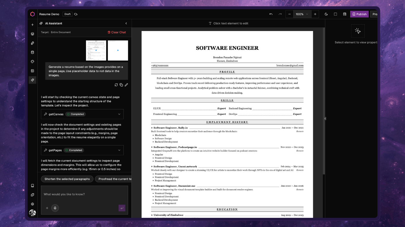 Entwicklung einer KI-unterstützten Dokumenten-Engine mit Next.js, GrapesJS und dem KI-SDK